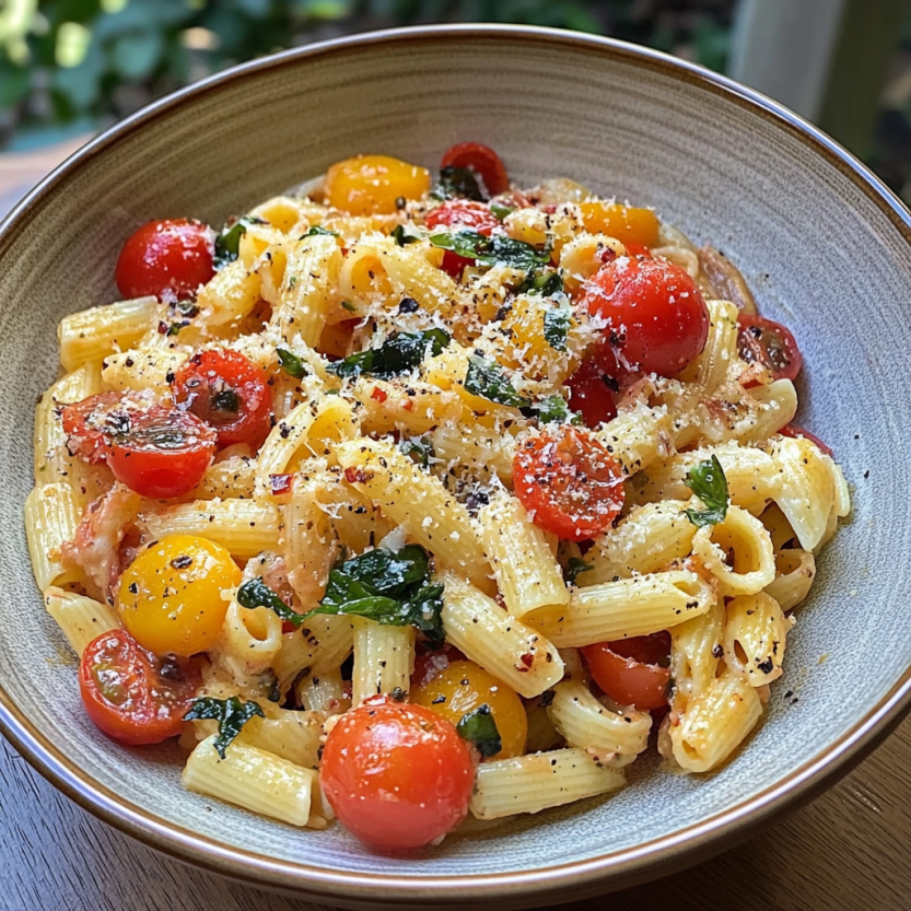 Un piatto di pasta fredda con pomodorini, spinaci ed erbe aromatiche.