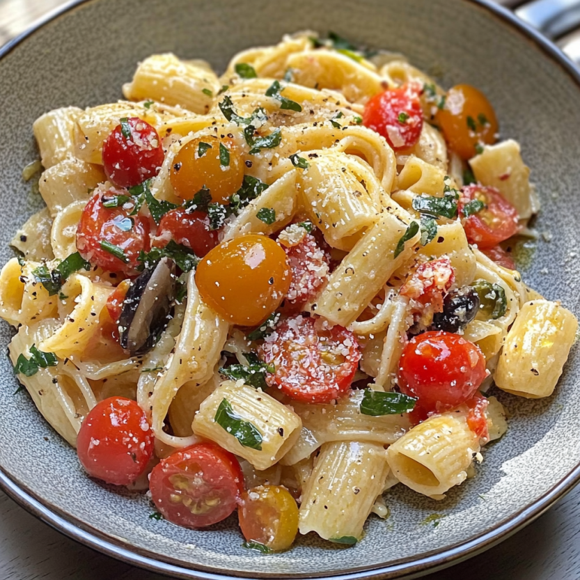 Un piatto di spaghetti con pomodorini, cipolla rossa, erbe e pomodori secchi.