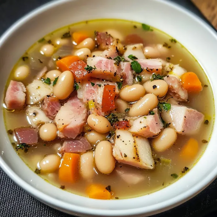 Ciotola piena di zuppa ricca con carne e fagioli.