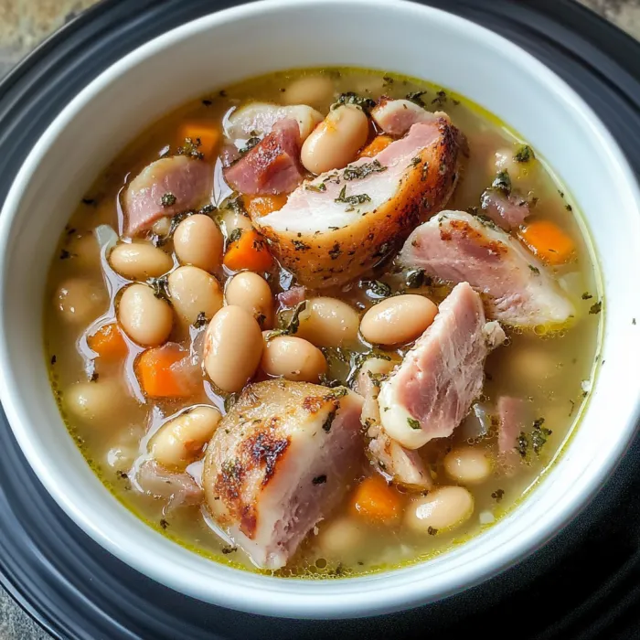 Una scodella di zuppa con carne e fagioli.