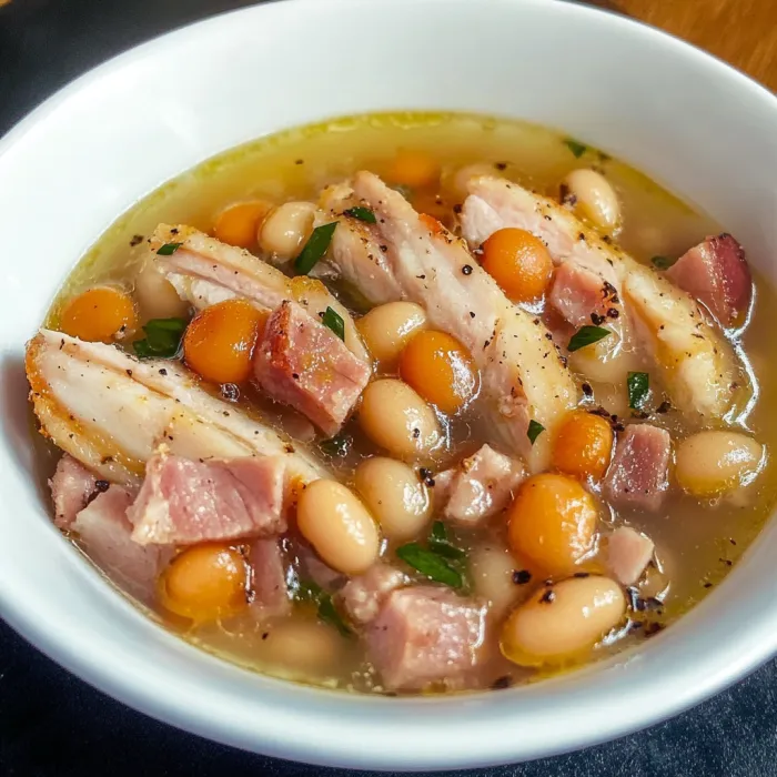 Una scodella di zuppa con carne e fagioli.
