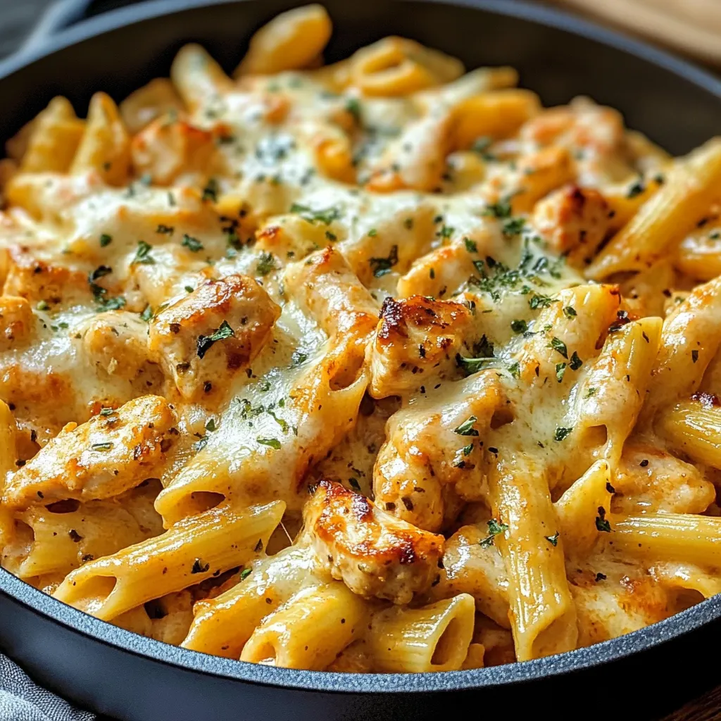Penne con carne e formaggio in una pentola.