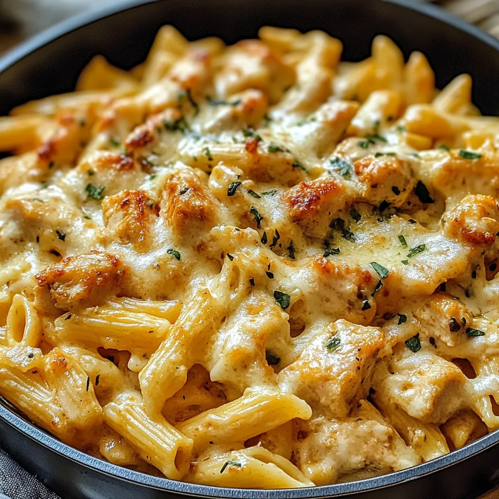 Penne con carne e formaggio in un piatto.