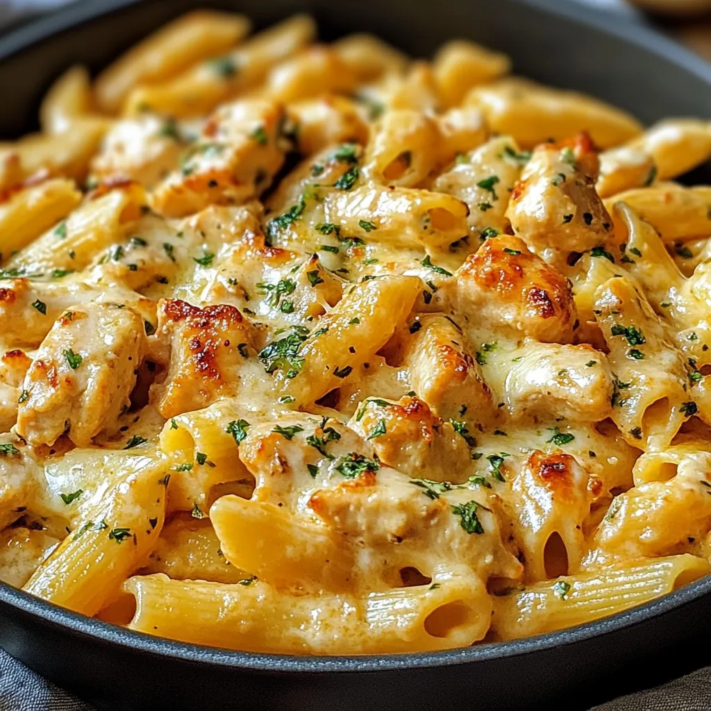 Penne con carne e formaggio in una casseruola.