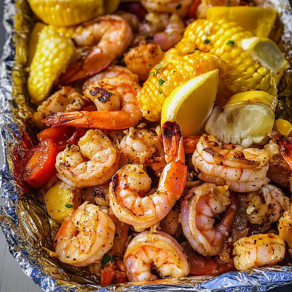 Contenitore di frullato con frullato di frutta, lemon, limone, maize, shrimp, corn, tomato, e cipolla.
