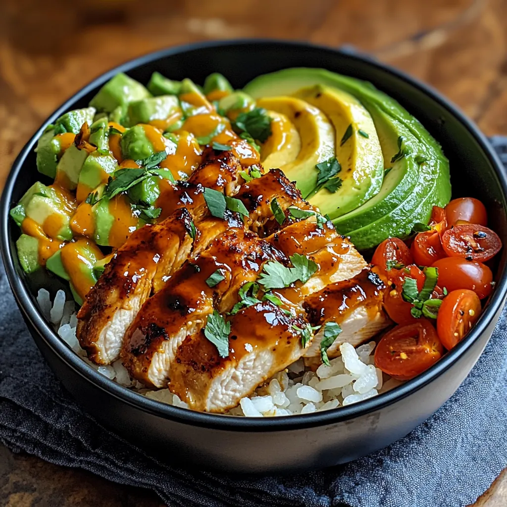 Una tazza di pollo con salsa, avocado, tomate e lime.
