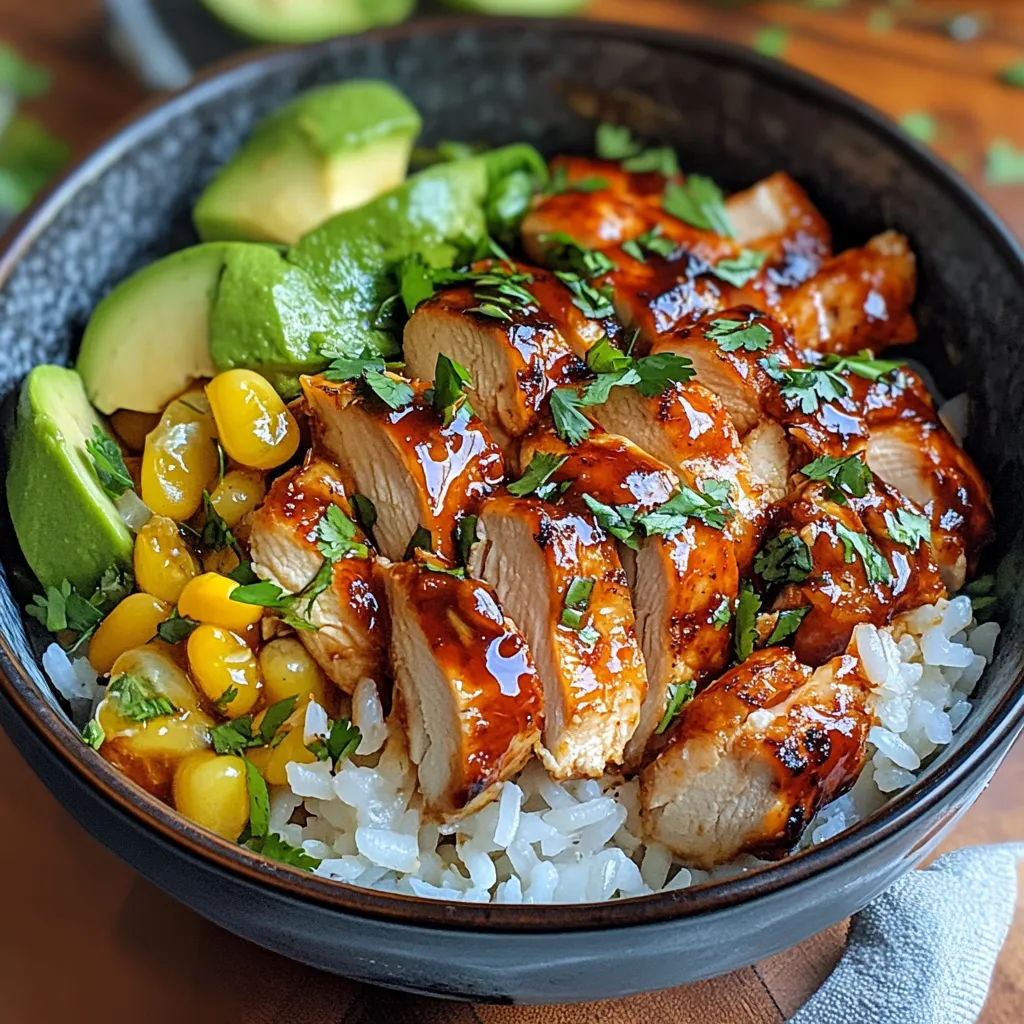 Una ciotola con pollo, avocado, maize, lime e chili.