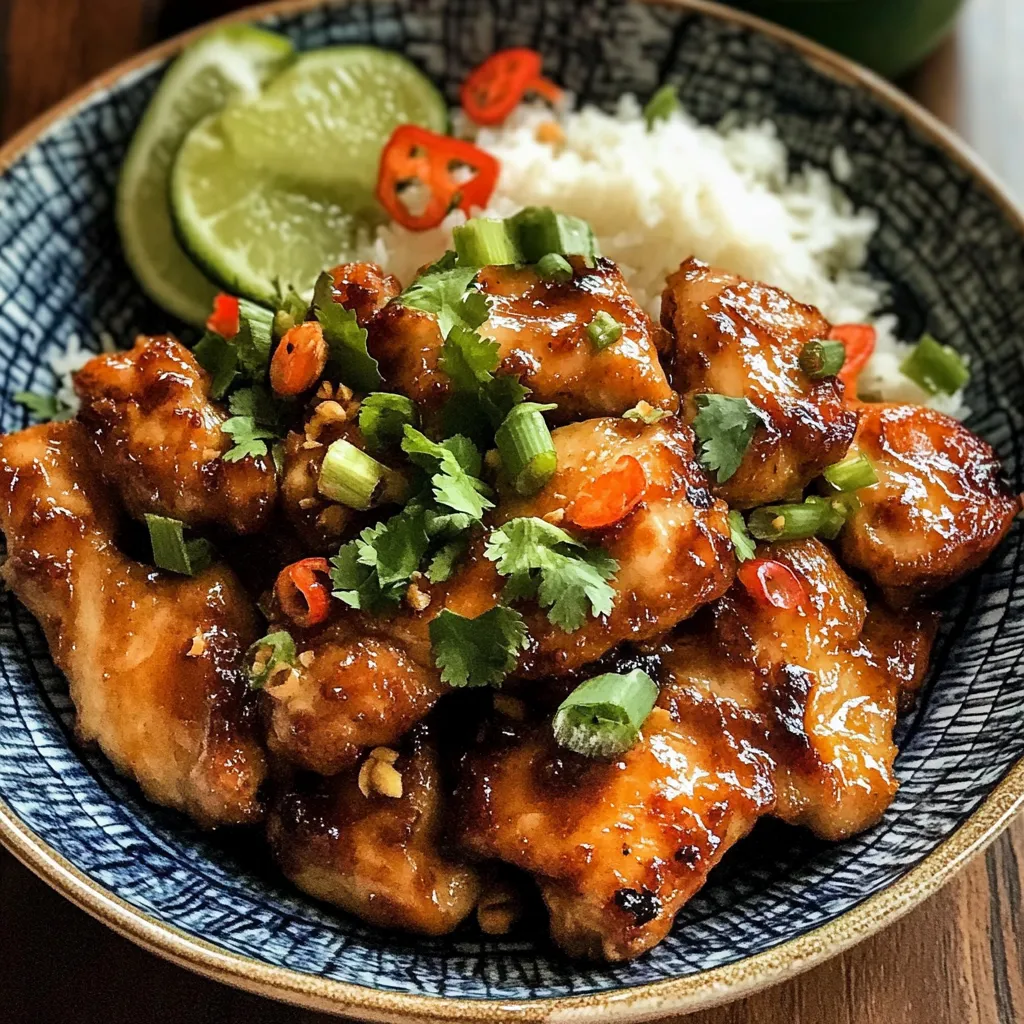 Una tazza di pollo con peperoncini e ciliegia.