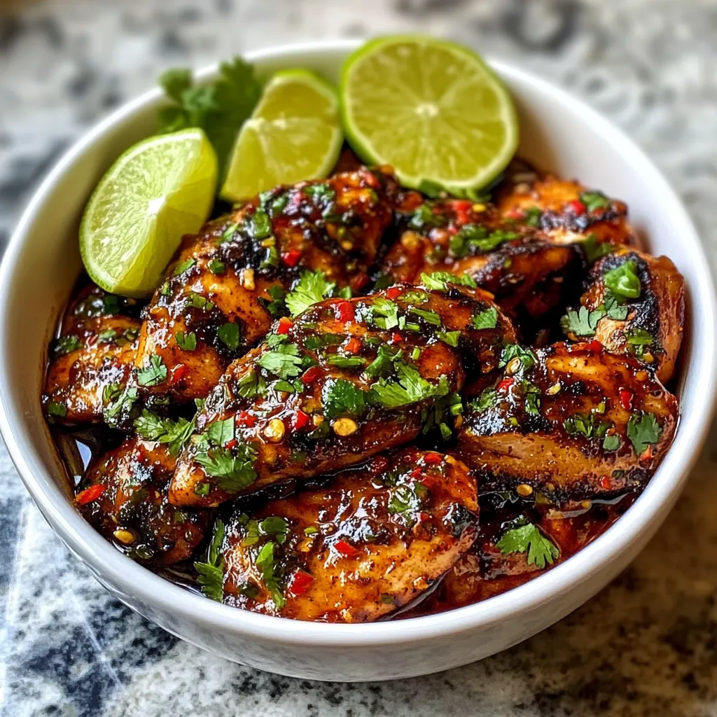 Una ciotola di pollo con peperoncini e limoni.