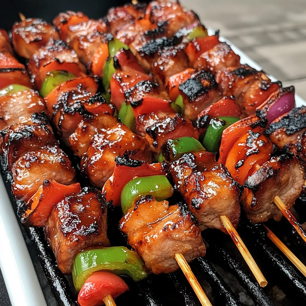 Un piatto di shish kabob con peperoni, zucchini e peperoncini.