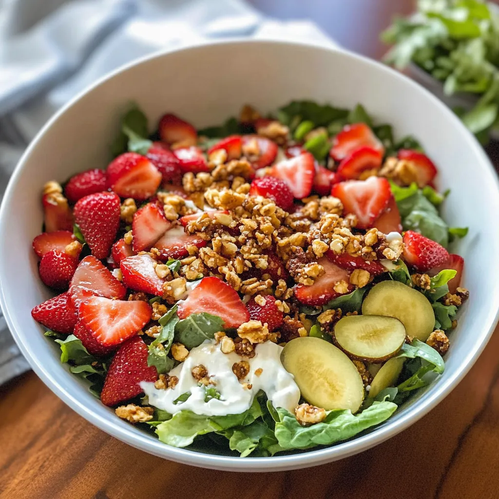 Una ciotola di salata con frullati di frutta, noci e strawberry.