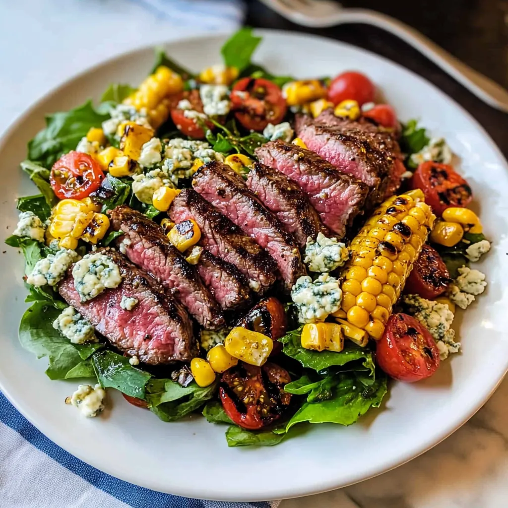 Una fetta di carne con verdure e blue cheese.