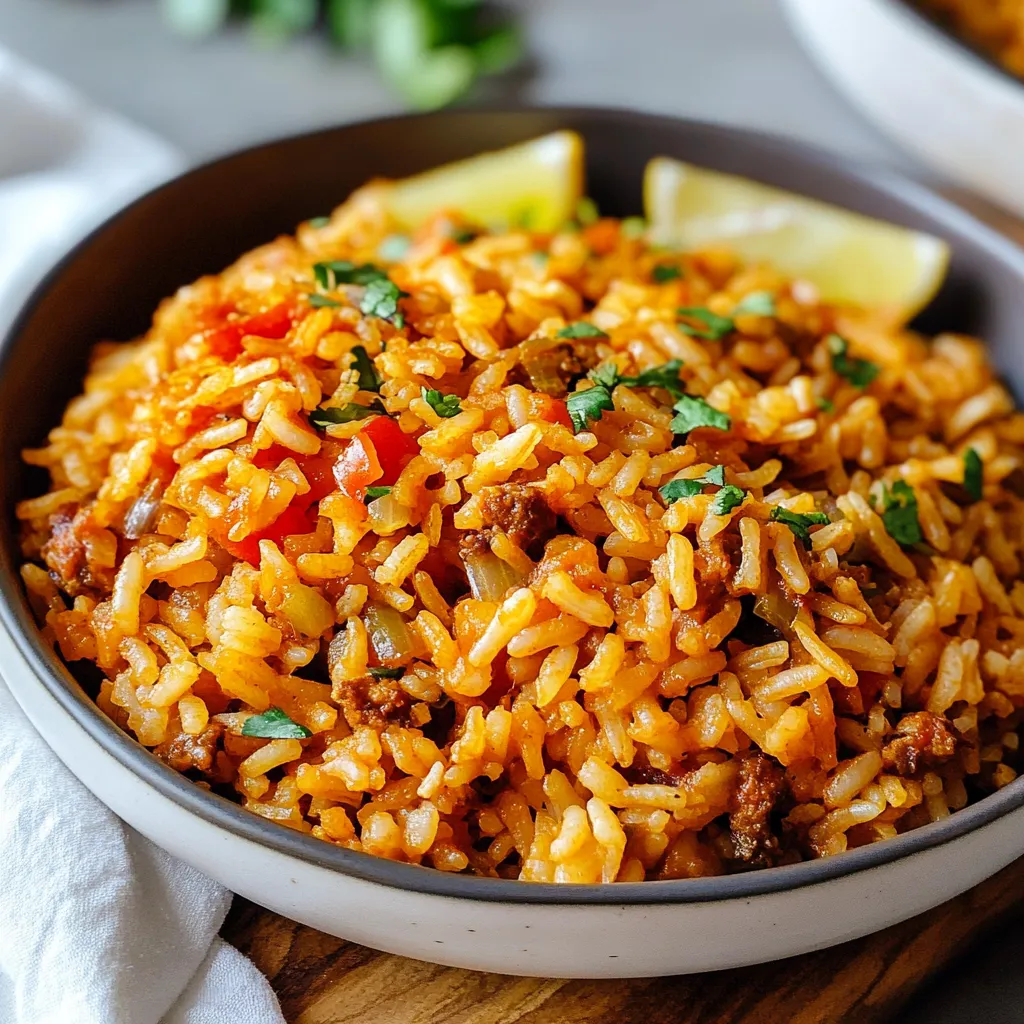 Riso con carne e verdure in un piatto.