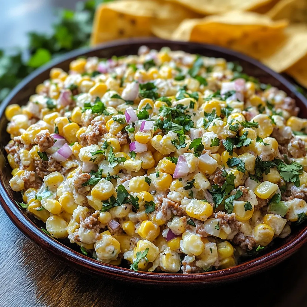 Una ciotola di cibo con l'etichetta "corn" contiene una miscela di ingredienti, tra cui maize, carne e verdure.