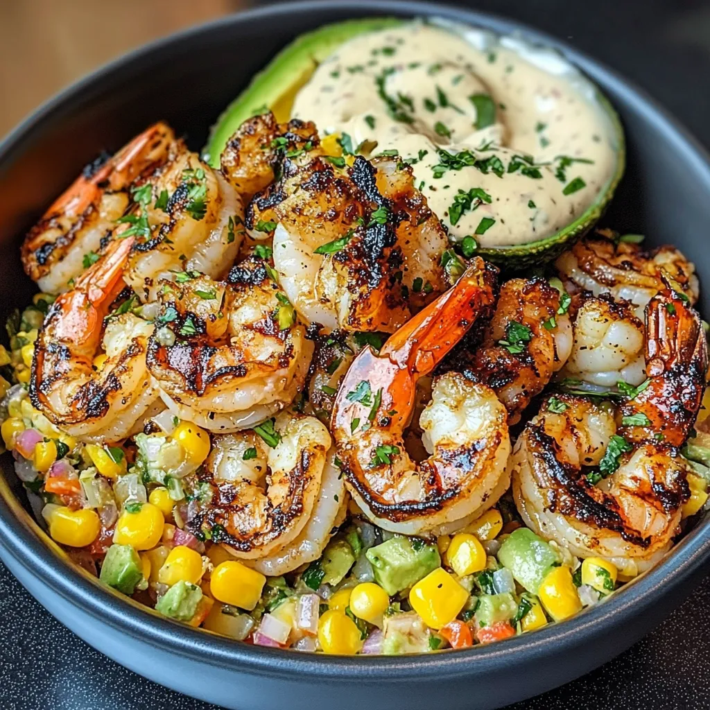 Una tazza con shrimp, guacamole e salsa.
