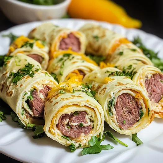 Un piatto con girelle di tortilla e manzo, semplici e gustose.