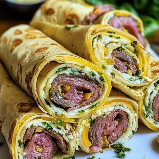 Un piatto con girelle di tortilla e manzo, semplici e gustose.