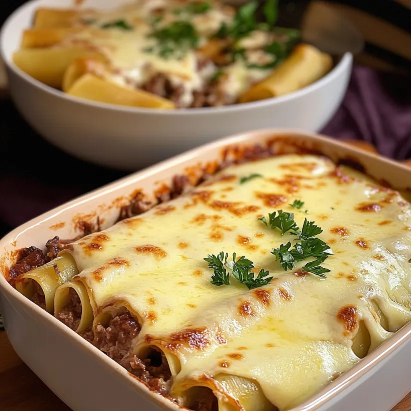 Una teglia di cannelloni di manzo con mozzarella.