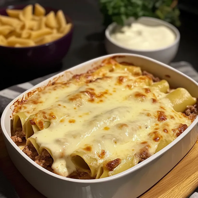 Teglia di cannelloni di manzo gratinati con salsa filante alla mozzarella.