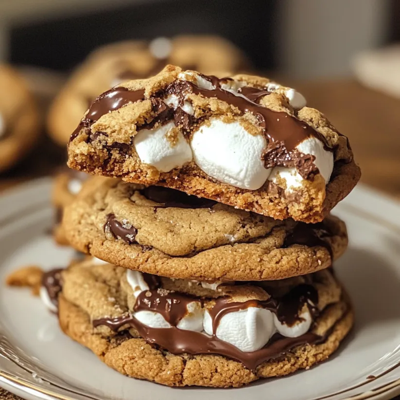 Una pila di biscotti ricoperti con marshmallow bianchi e cioccolato fuso.