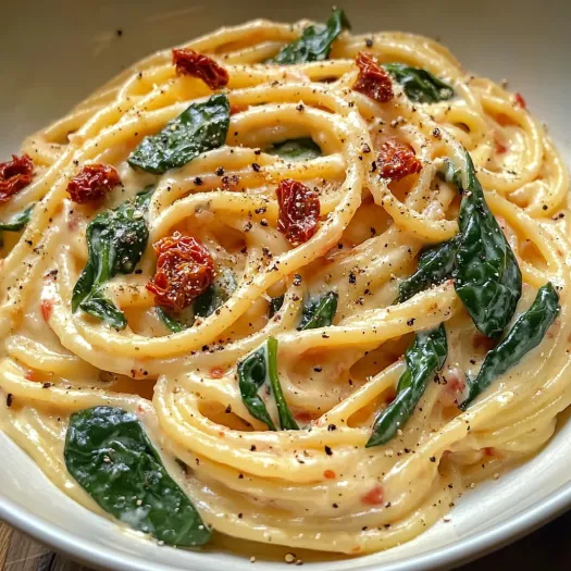 Un piatto di spaghetti con salsa cremosa, spinaci e pomodori secchi.