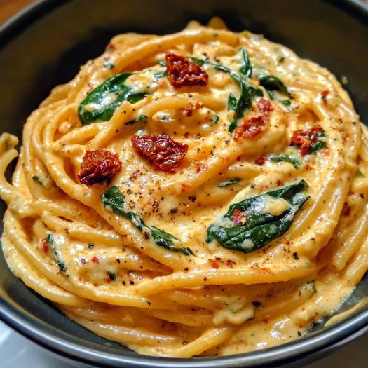 Un piatto di spaghetti con salsa cremosa, spinaci e pomodori secchi.