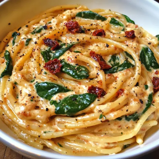 Un piatto di spaghetti con spinaci e salsa cremosa ai pomodori secchi.