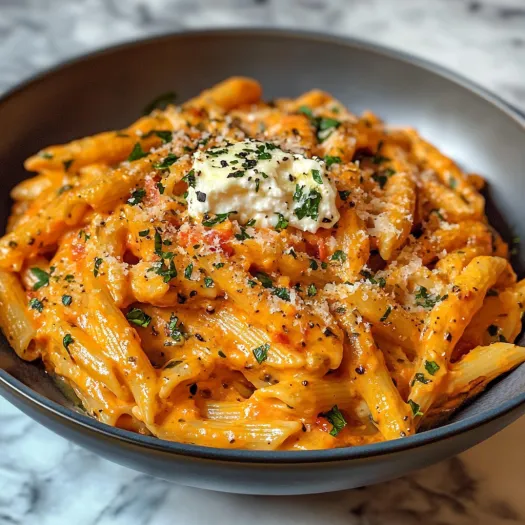 Una ciotola di pasta cremosa al pomodoro e aglio.