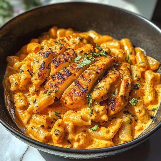 Una terrina di pasta con pollo e salsa.