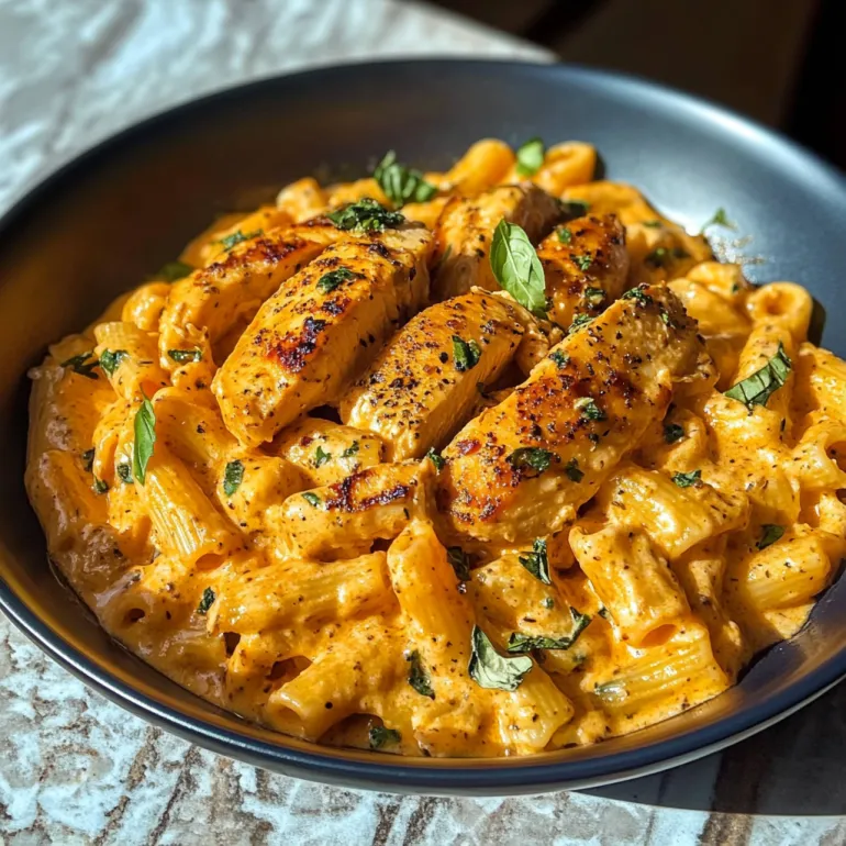 Una ciotola piena di pasta e pollo.