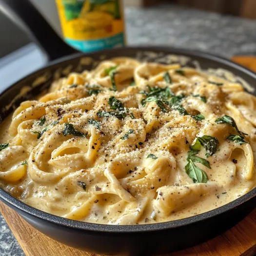 Una ciotola di pasta con una bottiglia di salsa di fianco.
