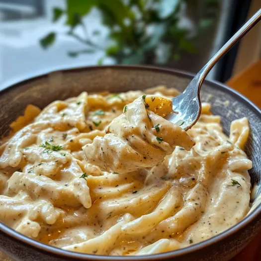 Una ciotola di pasta con una forchetta dentro.