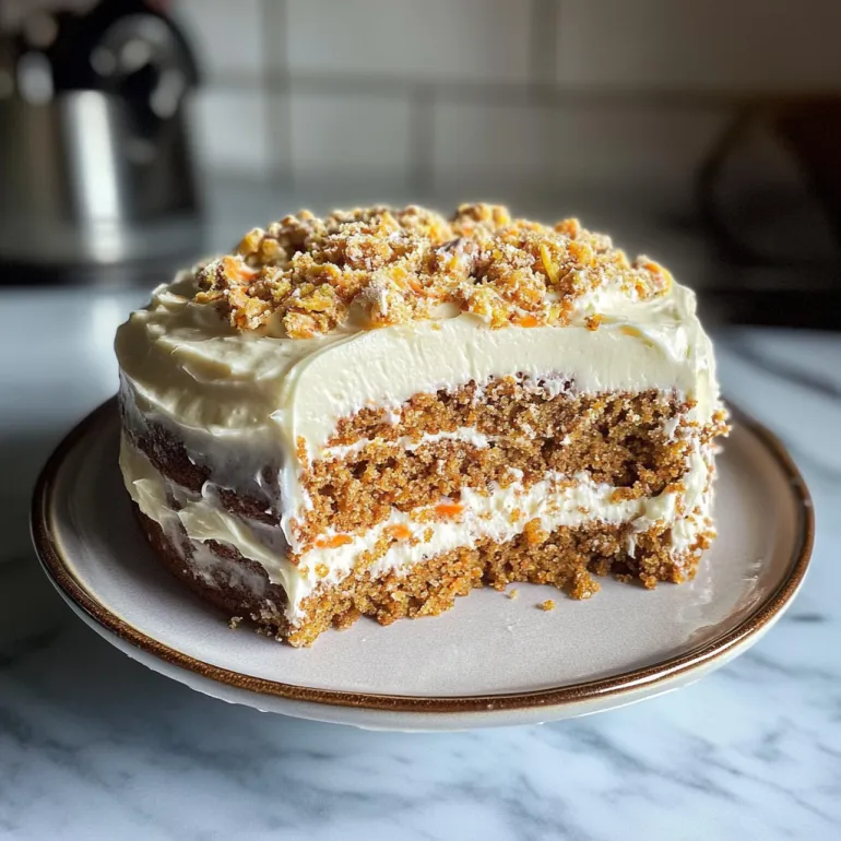 Una fetta di torta di carote con glassa al formaggio.