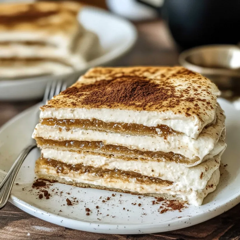 Un piatto con una fetta di dolce, una forchetta e un cucchiaio.