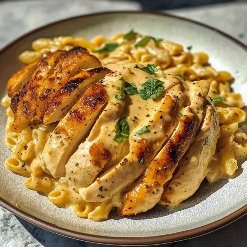 Un piatto con pollo e pasta sopra.