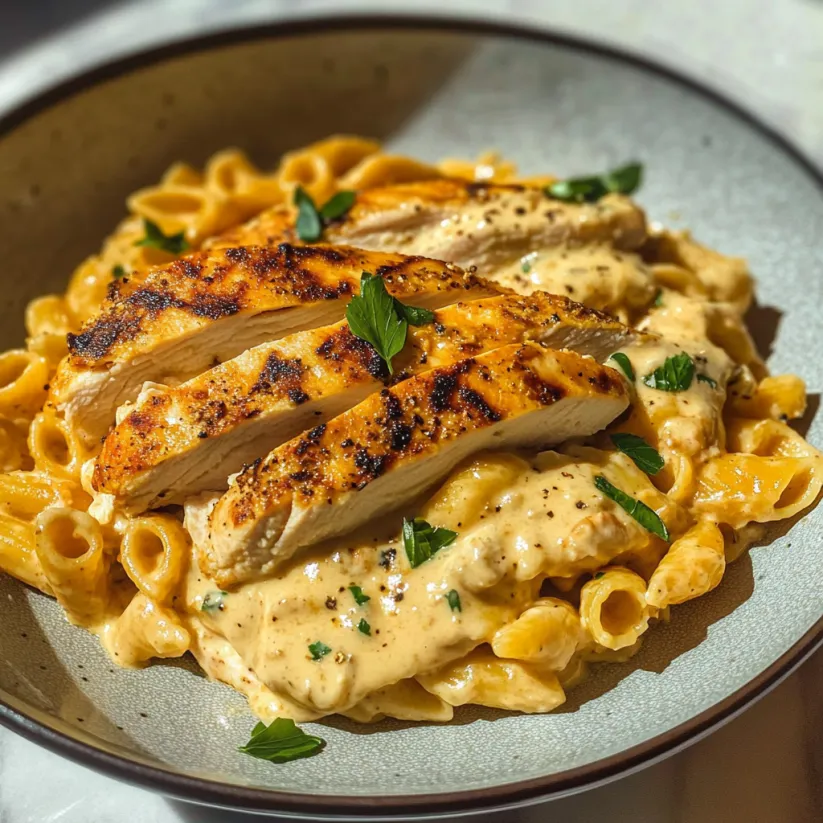 Un piatto di pasta e pollo.