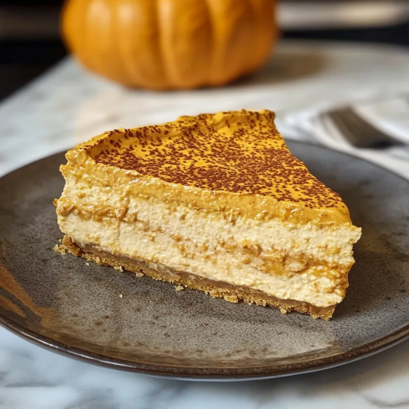 A slice of pumpkin cheesecake cake on a plate.