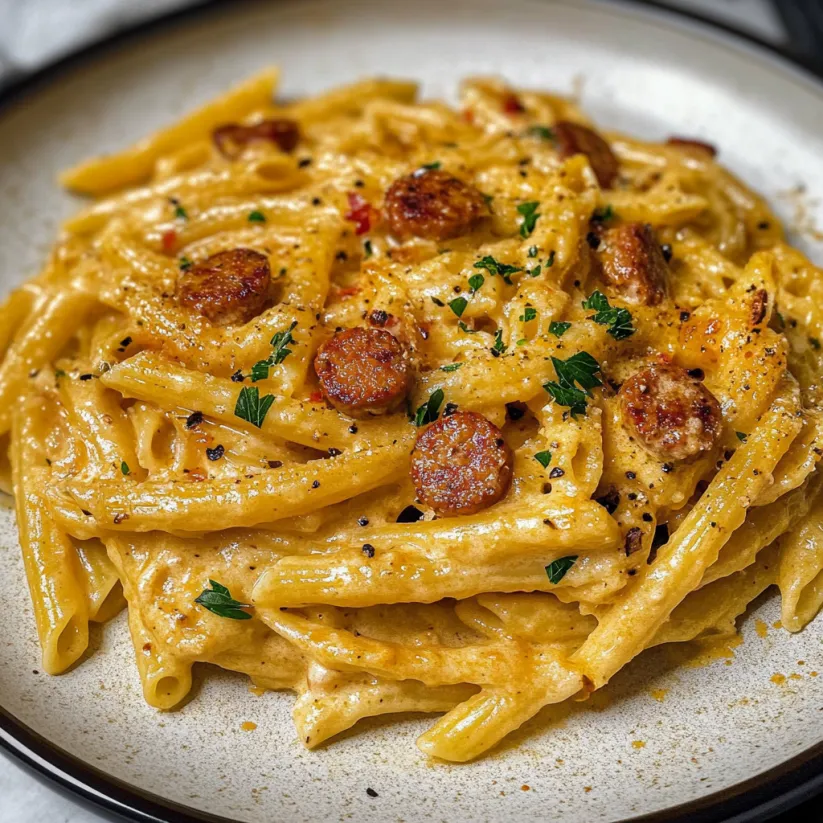 A plate of pasta with sausage and cheese.