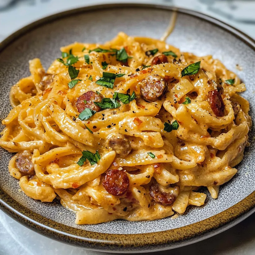 A bowl of creamy sausage pasta.