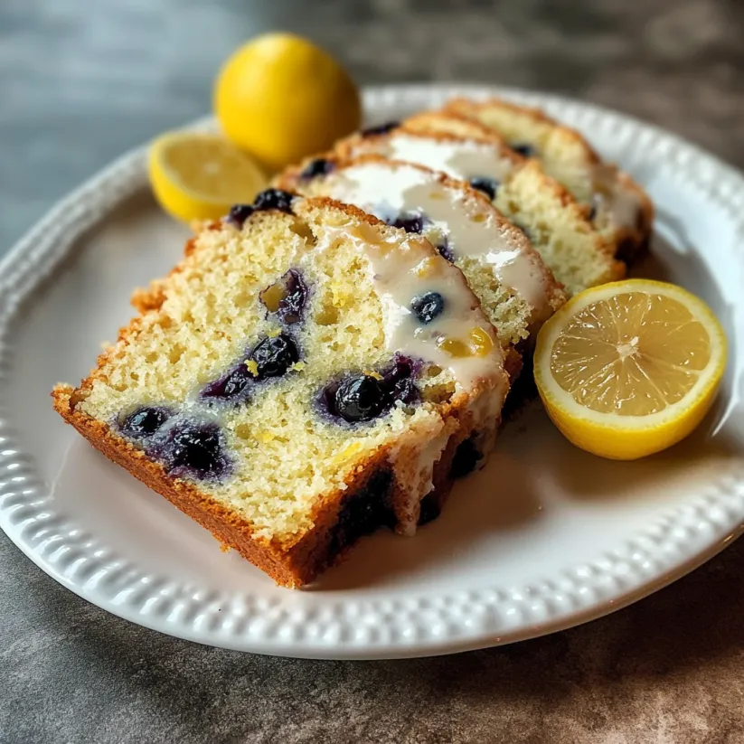 A slice of blueberry lemon loaf cake.