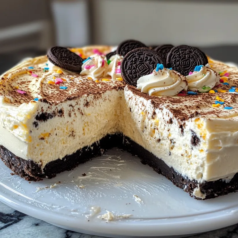 Fetta di torta Oreo decorata con biscotti sopra.