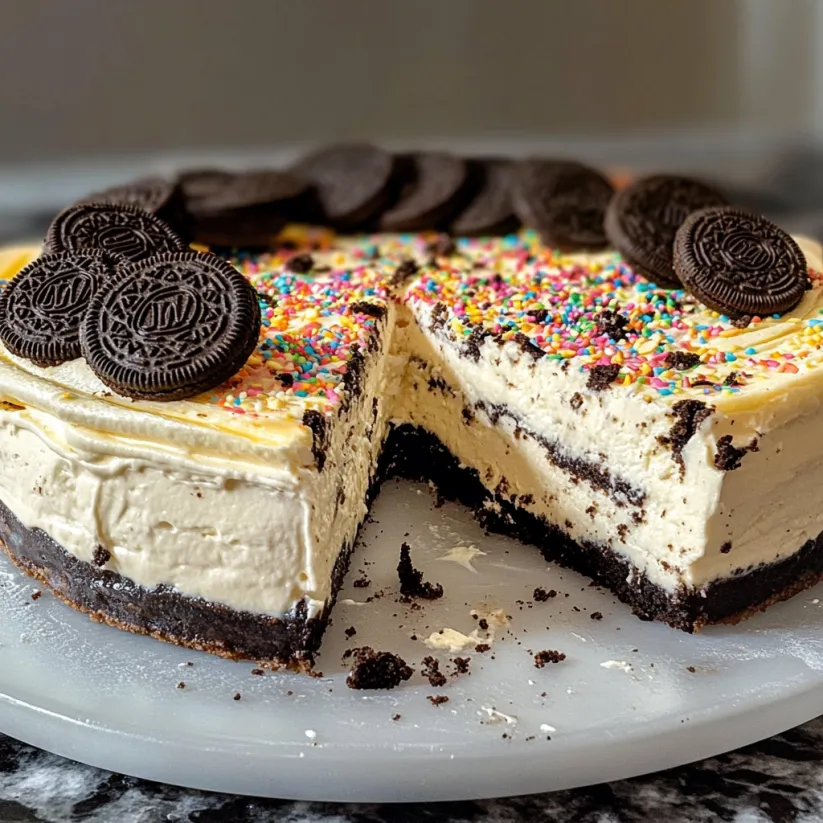 A slice of cake with chocolate and oreo cookies on top.