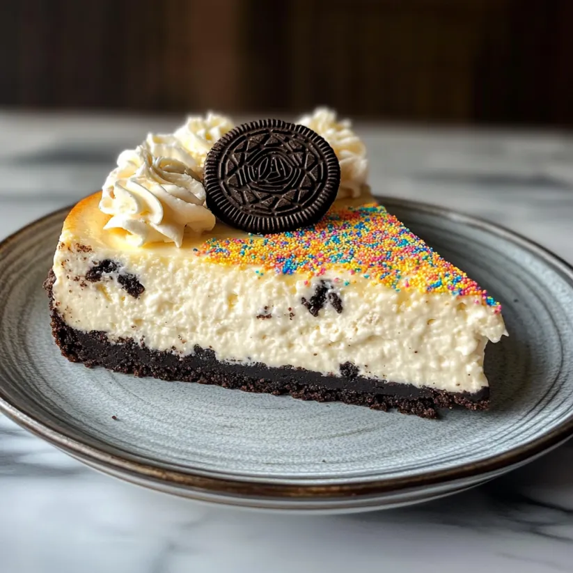 A slice of cake with a cookie on top.