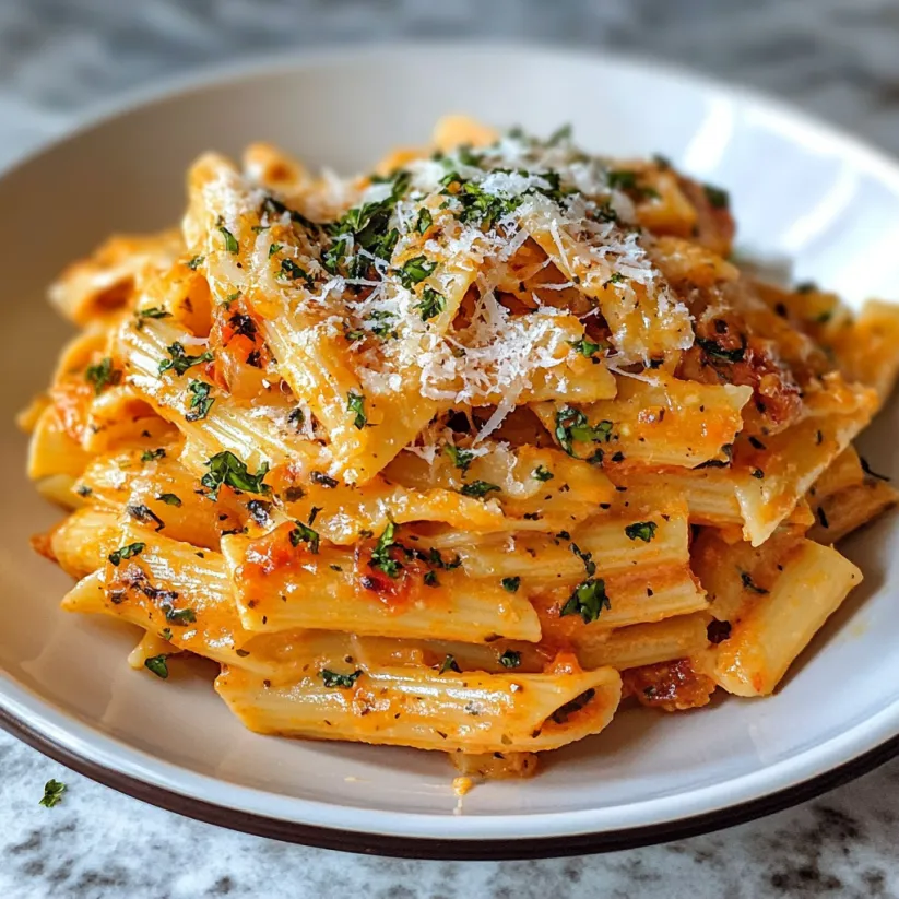A plate of pasta with cheese and herbs on top.