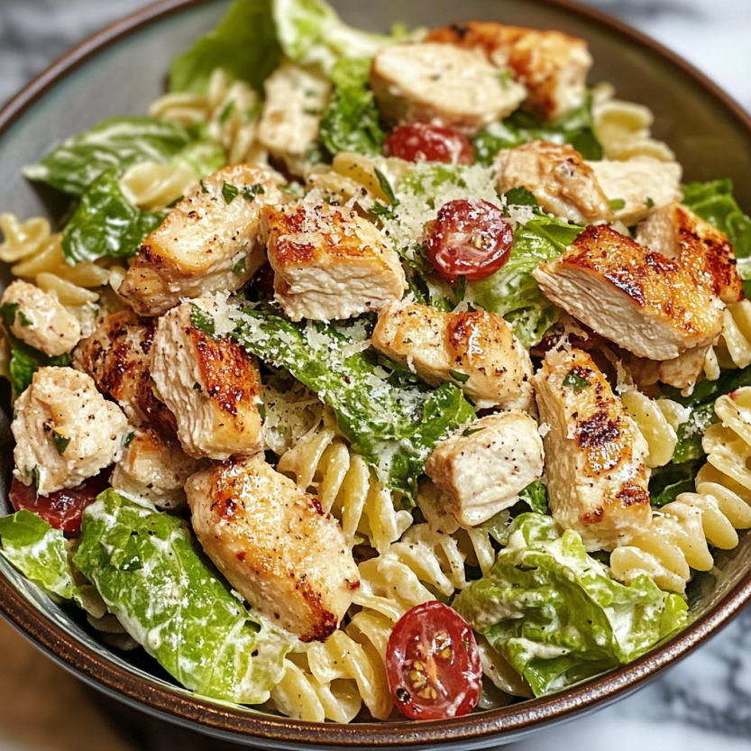 Insalata di pasta con pollo, pomodorini e odori freschi.