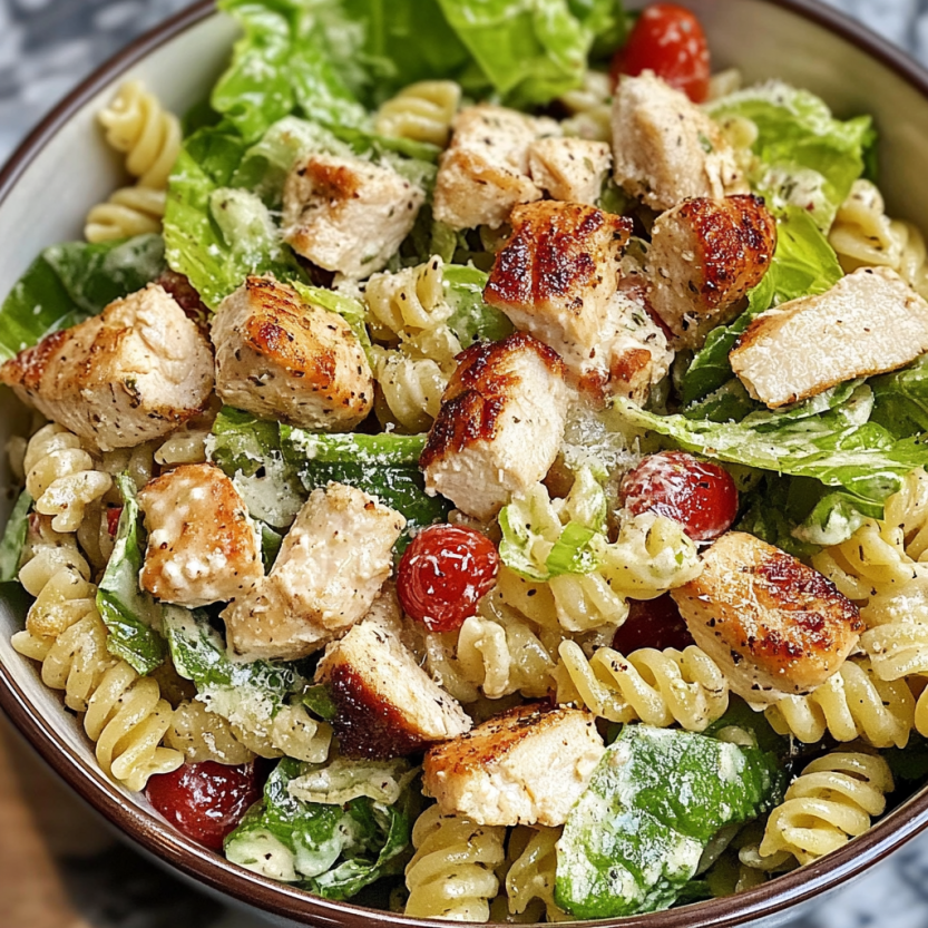 Insalata di pasta colorata piena di verdure e carne alla griglia, ispirata a un classico con salsa cremosa.