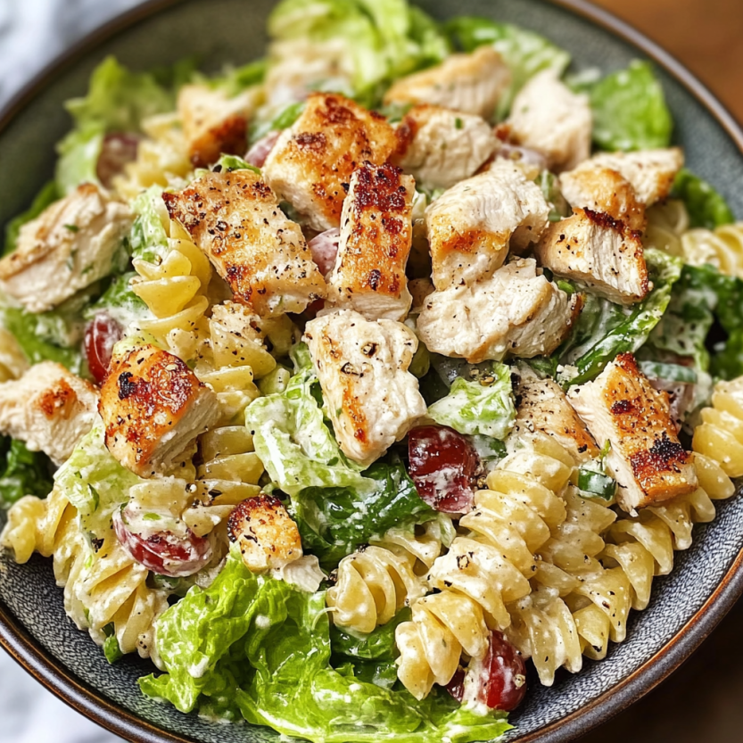 Insalata di pasta con verdure fresche e pollo grigliato fumante.