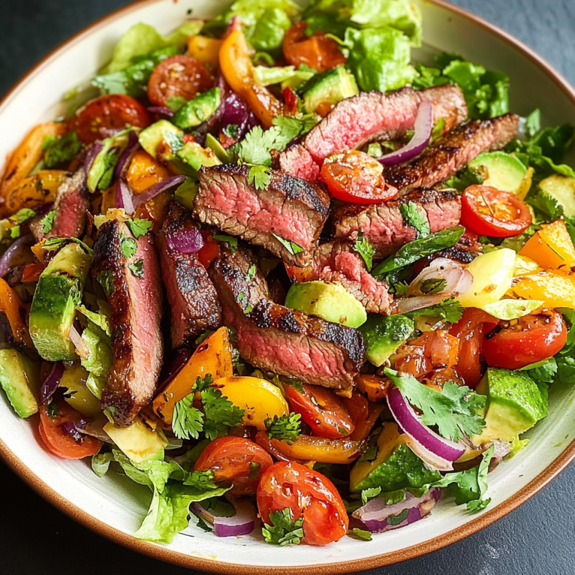 Un piatto di steak alla griglia su verdure fresche con pomodorini.