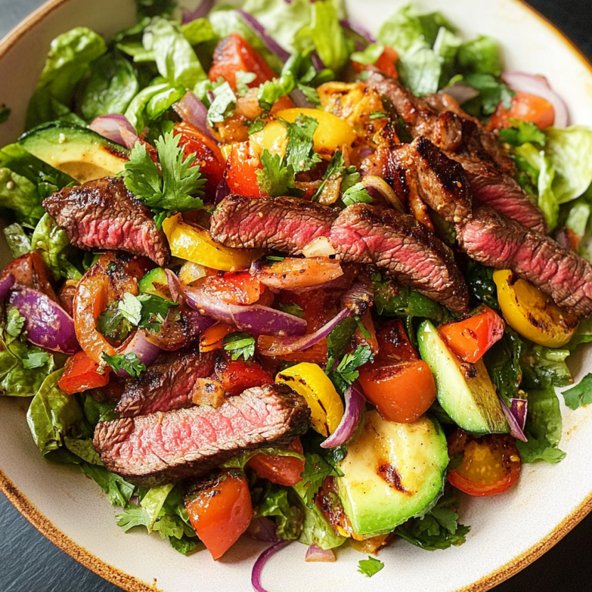 Insalata grigliata con manzo, avocado, pomodorini e spinaci.
