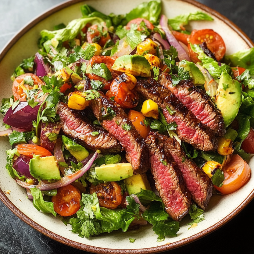 Un’insalata con carne grigliata, insalata e pomodorini.